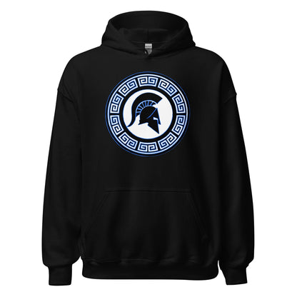 Black hoodie with hood, front pouch, and Spartan-style shield logo on chest.