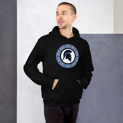 Black hoodie with kangaroo pocket and Spartan shield logo in Greek key circle on chest