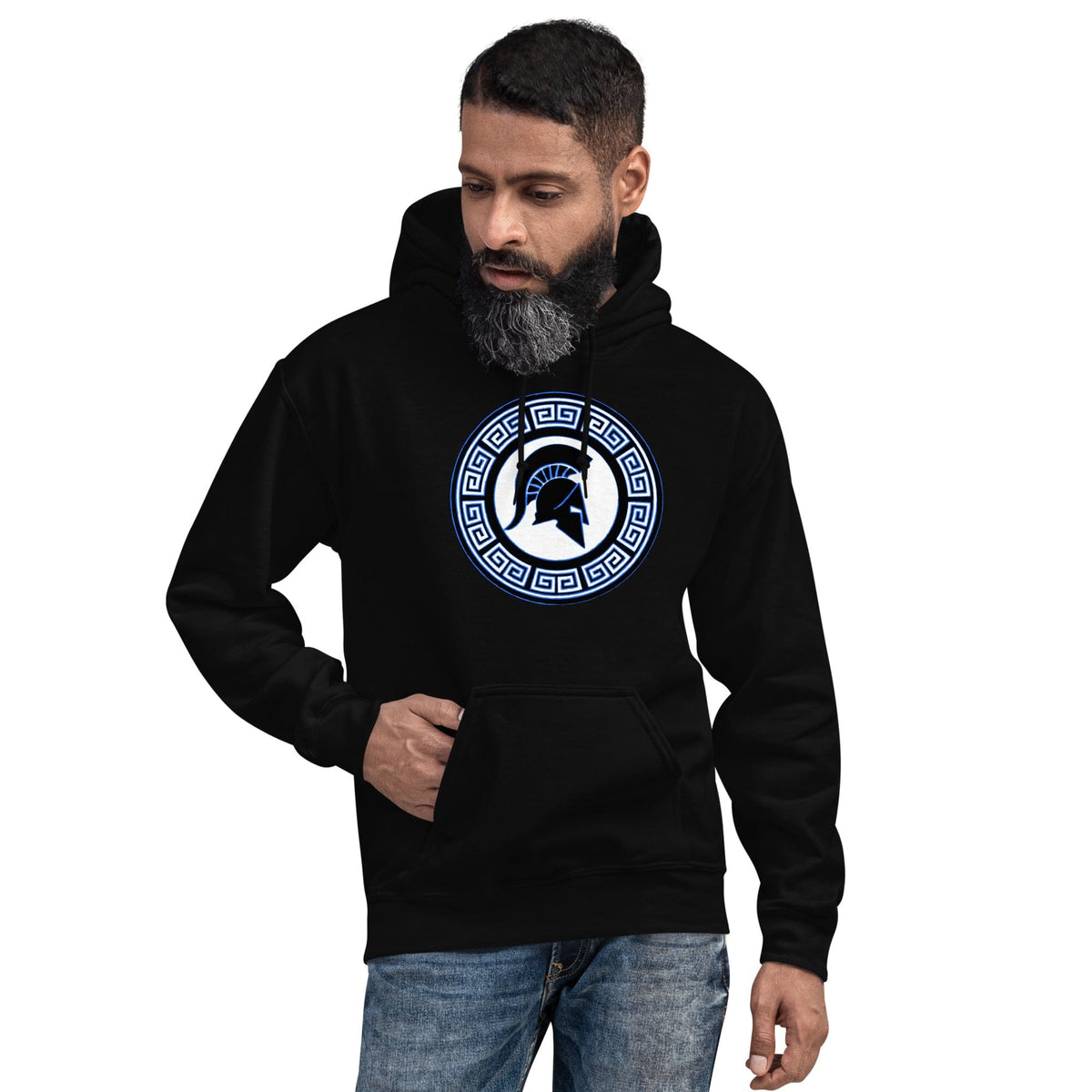 Black hoodie with hood and front pouch, featuring circular blue shield logo.