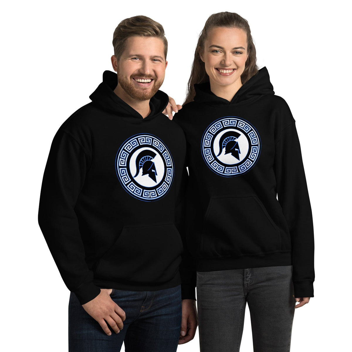 Black hoodie with hood and front pouch, circular blue shield logo on chest, side angle.