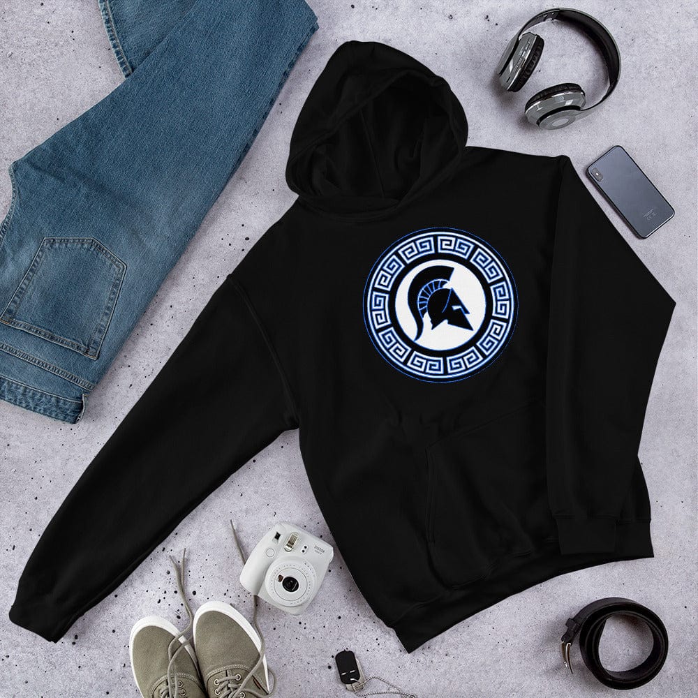 Black hoodie with hood and front pouch, circular blue shield logo on chest, laid flat.