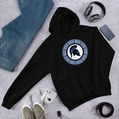 Black hoodie with hood and front pouch, circular blue shield logo on chest, laid flat.