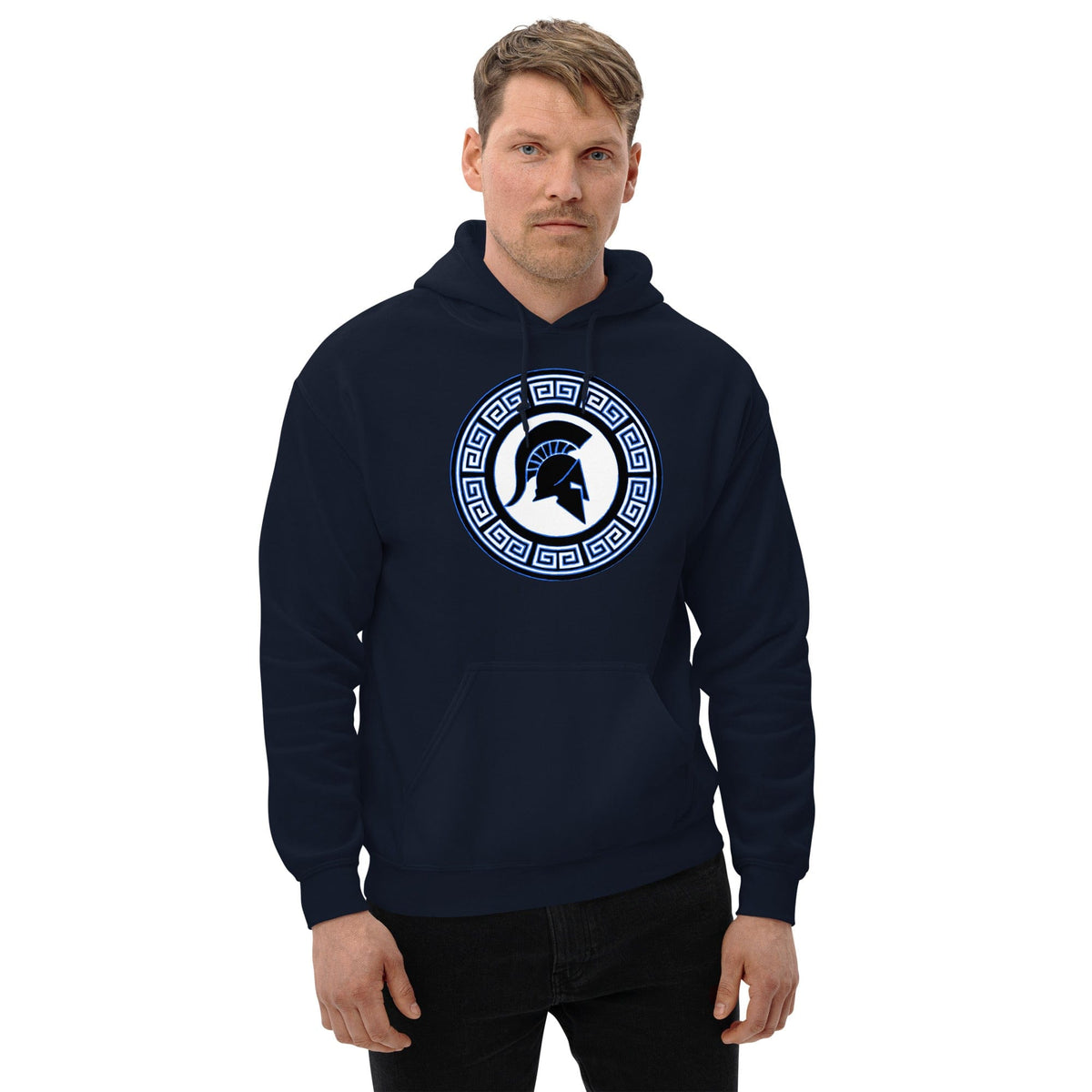 Navy hoodie with kangaroo pocket and Spartan shield logo in Greek key circle on chest