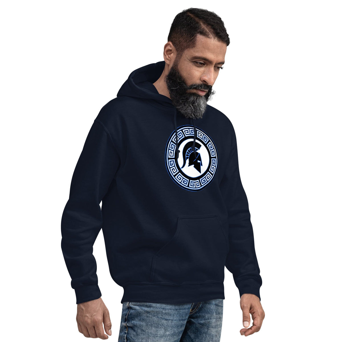 Dark navy side-view hoodie with kangaroo pocket and Spartan shield logo in Greek key circle
