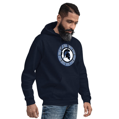 Dark navy side-view hoodie with kangaroo pocket and Spartan shield logo in Greek key circle