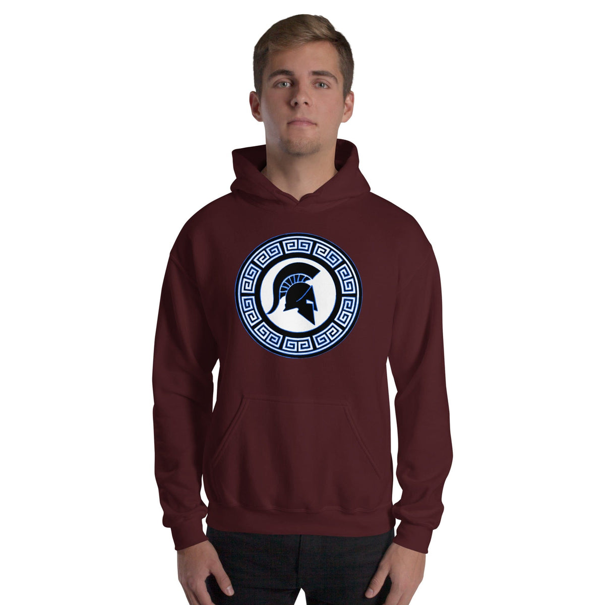 Maroon hoodie with kangaroo pocket and Spartan shield logo in Greek key circle on chest