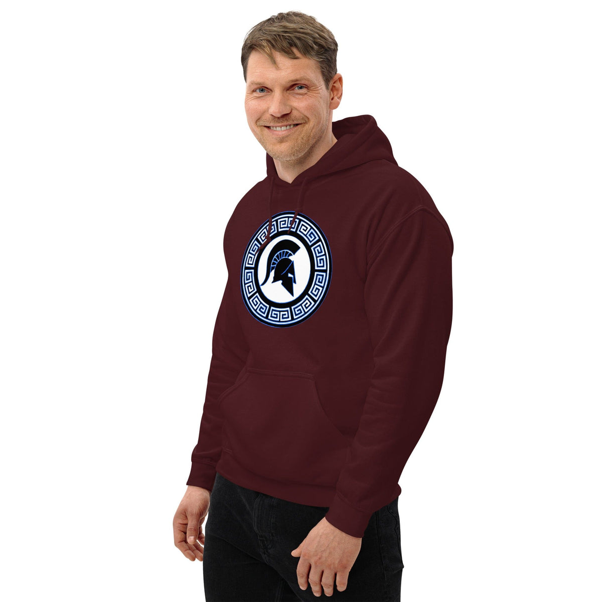 Maroon hoodie with hood and front pouch, circular blue shield logo on chest.