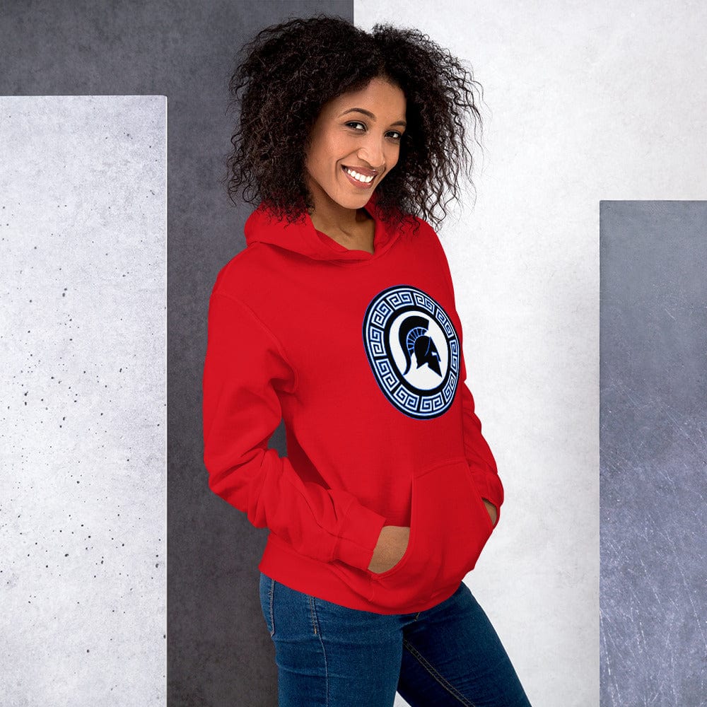 Red hoodie with hood and front pouch, circular blue shield logo on chest.