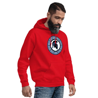 Red hoodie with hood and front pouch, circular blue shield logo on chest.