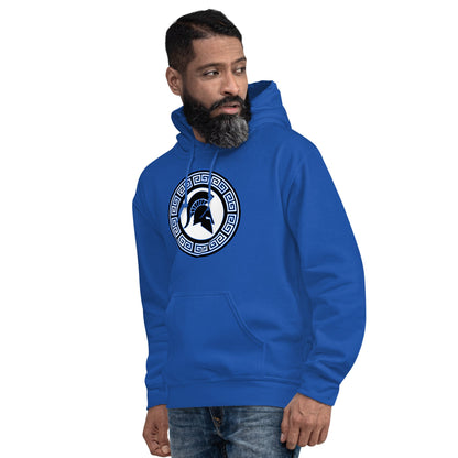 Royal blue side-view hoodie with kangaroo pocket and Spartan shield logo in Greek key circle