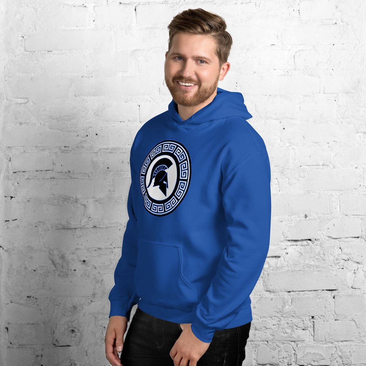 Royal blue Spartan crest hoodie with hood and front pocket, Greek-key crest chest graphic