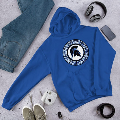 Blue hoodie with hood, kangaroo pocket, and Spartan shield logo in Greek key circle on chest