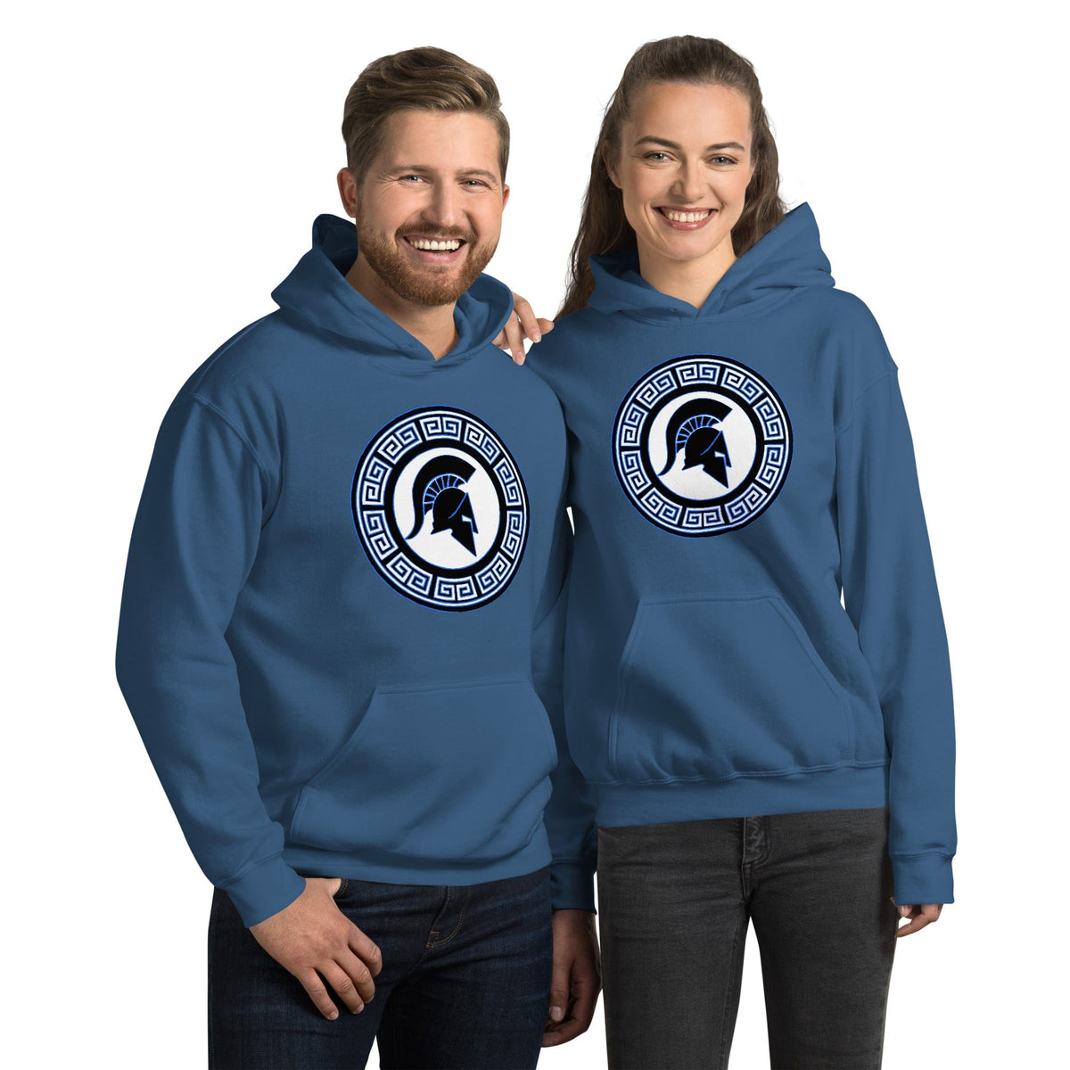 Blue hoodie with hood and front pouch, circular blue shield logo on chest.