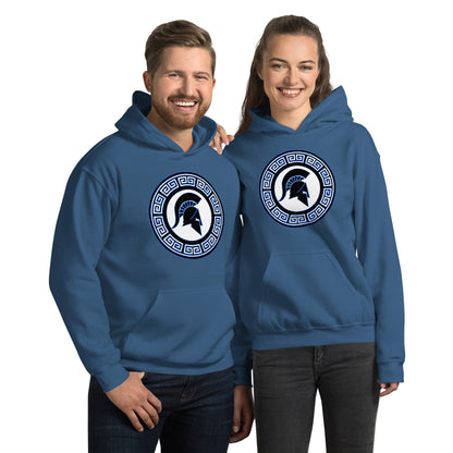 Blue hoodie with hood and front pouch, circular blue shield logo on chest.