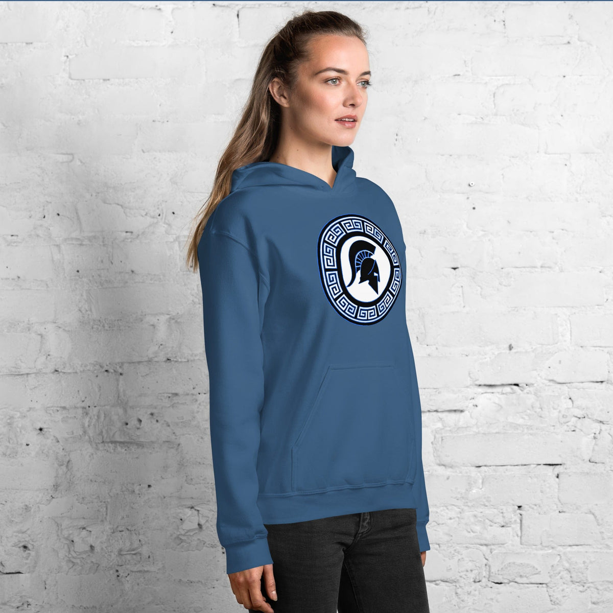 Light blue hoodie with hood and front pouch, circular blue shield logo on chest.