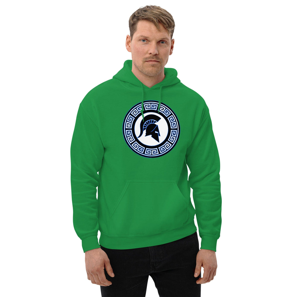Green front-view hoodie with kangaroo pocket and Spartan shield logo in Greek key circle