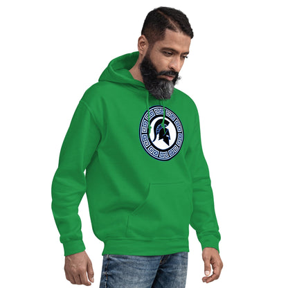 Green hoodie with kangaroo pocket and Spartan shield logo in Greek key circle on chest