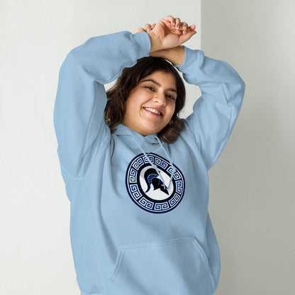 Light blue Spartan crest hoodie with hood, front pocket, and large blue logo emblem