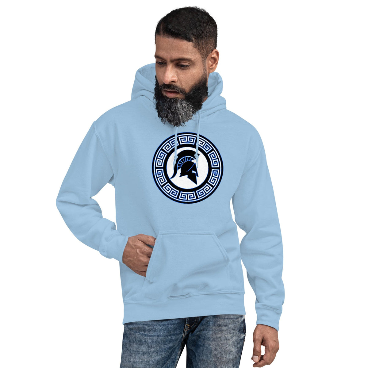 Light blue Spartan crest hoodie with hood and front pocket, chest crest logo emblem