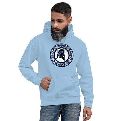 Light blue Spartan crest hoodie with hood and front pocket, chest crest logo emblem
