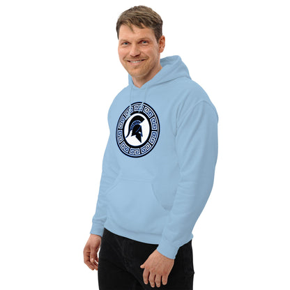 Light blue hoodie with kangaroo pocket and Spartan shield logo in Greek key circle on chest