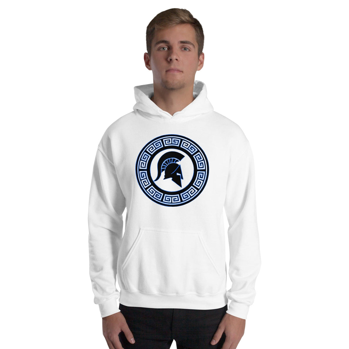 White hoodie with hood and front pouch, circular blue shield logo on chest.