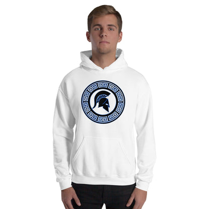 White hoodie with hood and front pouch, circular blue shield logo on chest.