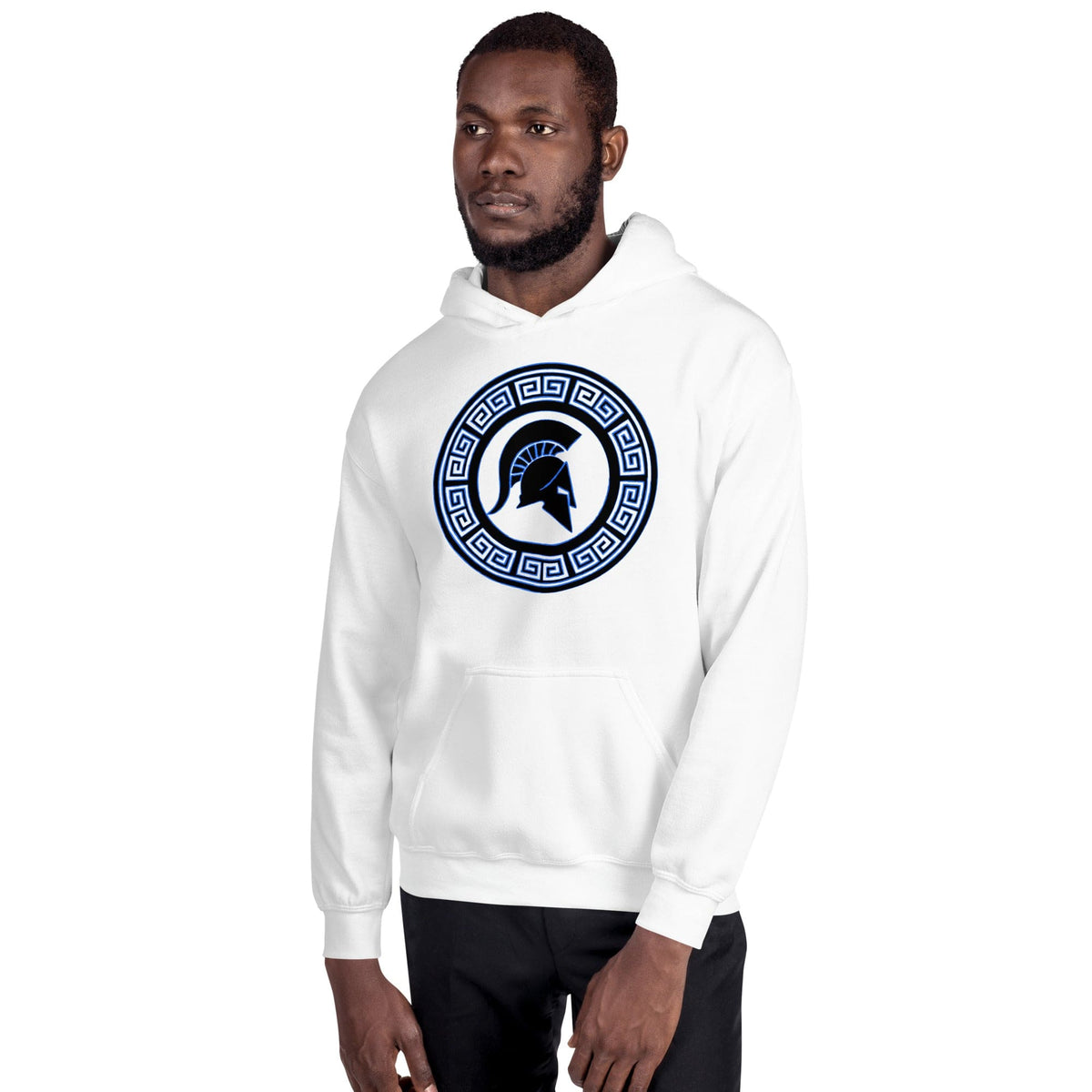 White hoodie with kangaroo pocket and Spartan shield logo in Greek key circle on chest