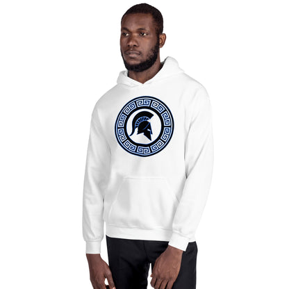 White hoodie with kangaroo pocket and Spartan shield logo in Greek key circle on chest