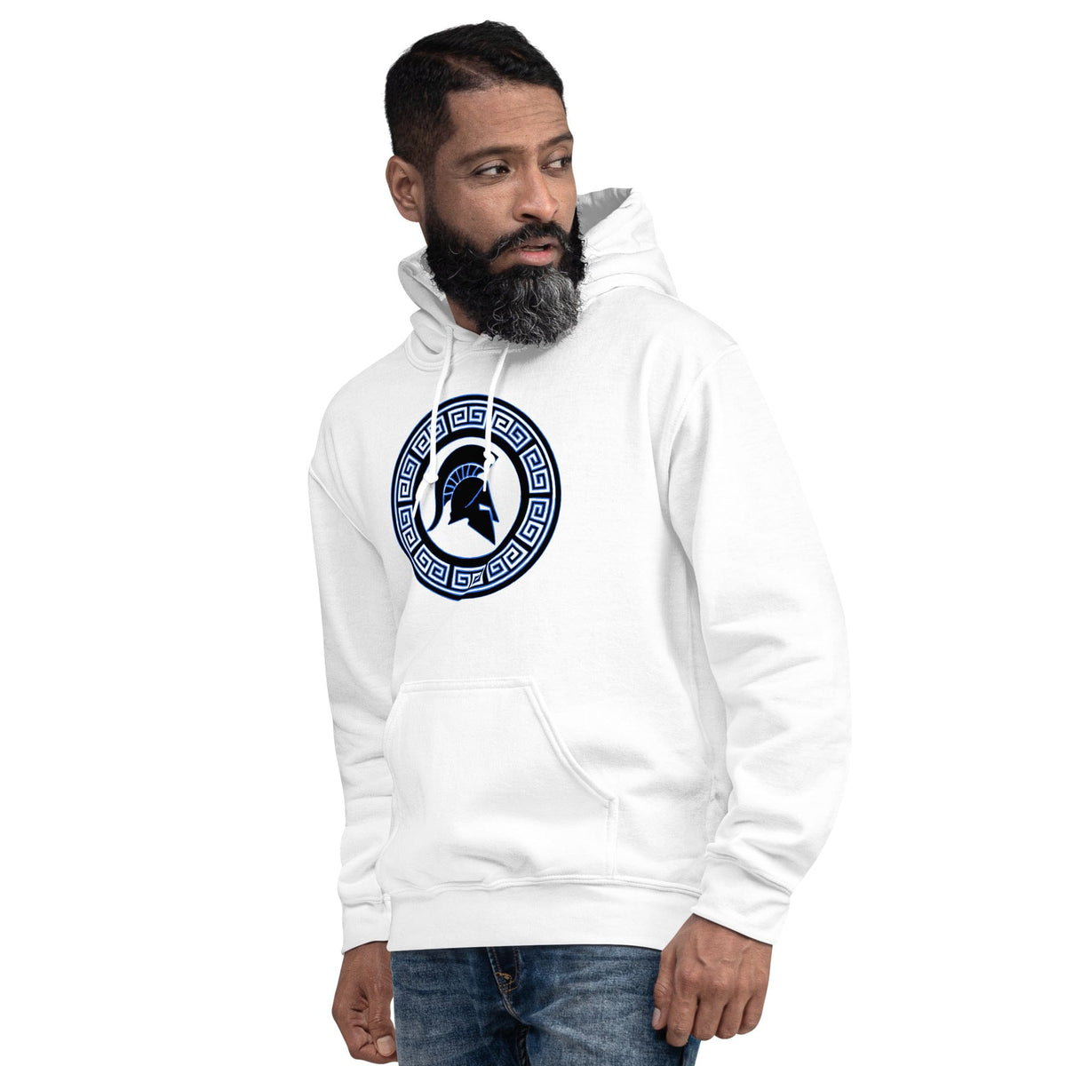 White Spartan crest hoodie with hood and front kangaroo pocket, blue emblem graphic