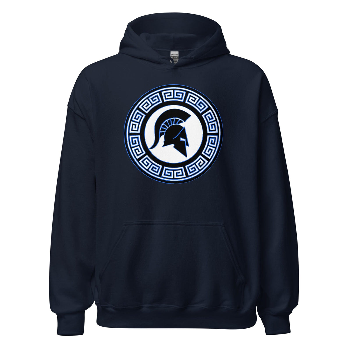 Black Spartan crest hoodie with hood and front pocket, navy-and-white circle emblem