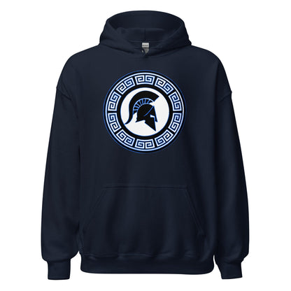 Black Spartan crest hoodie with hood and front pocket, navy-and-white circle emblem