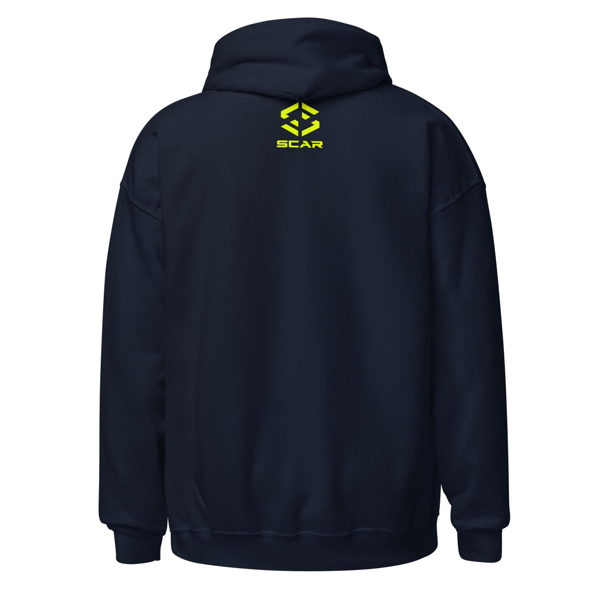 Navy Spartan crest hoodie, back view with SCAR logo on upper back