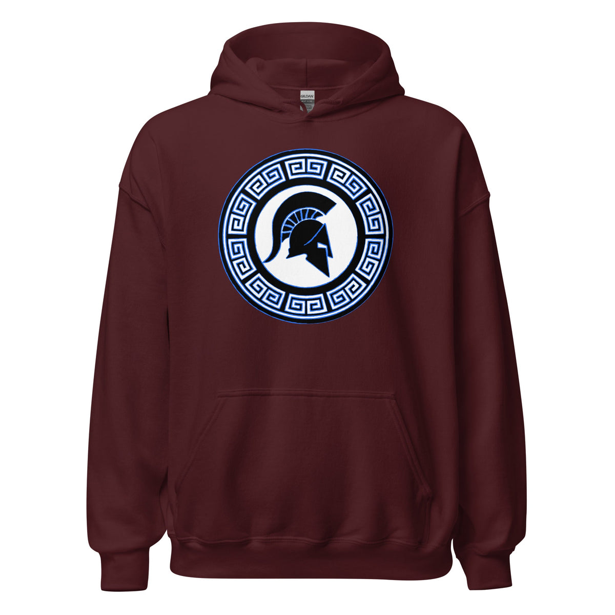 Maroon Spartan crest hoodie with hood and front pocket, circular emblem graphic on chest