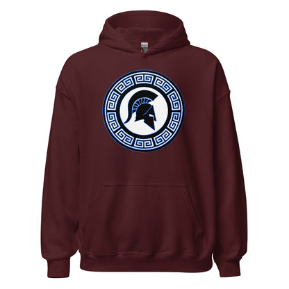 Maroon Spartan crest hoodie with hood and front pocket, circular emblem graphic on chest