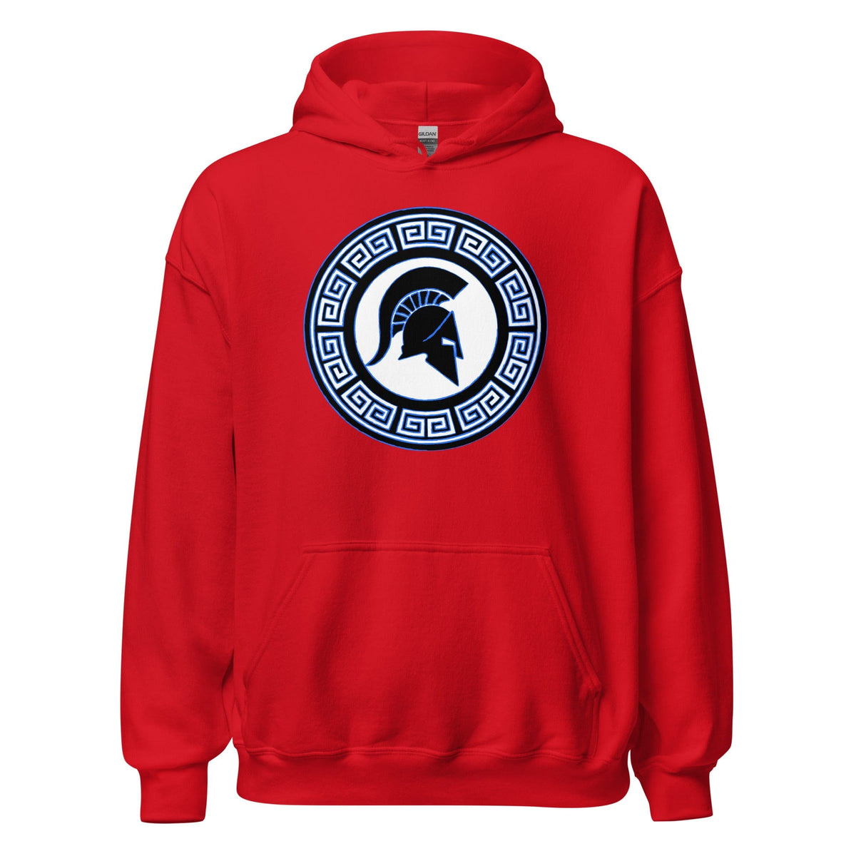 Red Spartan crest hoodie with hood and front pocket, circular blue emblem graphic