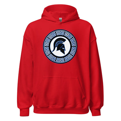 Red Spartan crest hoodie with hood and front pocket, circular blue emblem graphic