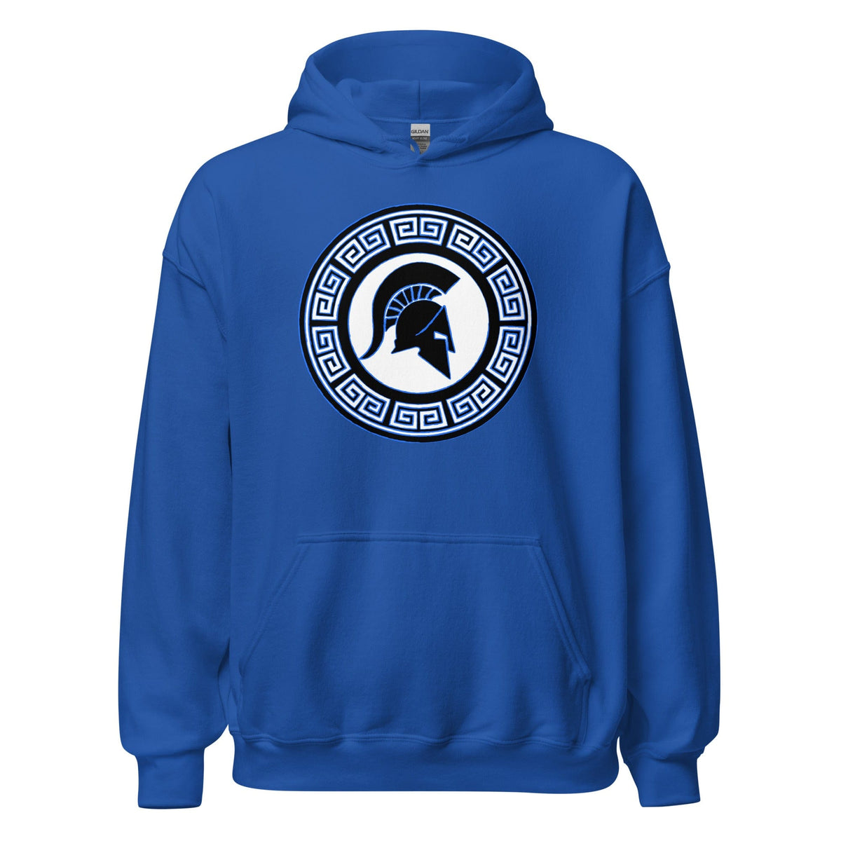 Blue Spartan crest hoodie with hood and front pocket, navy-outlined crest emblem on chest