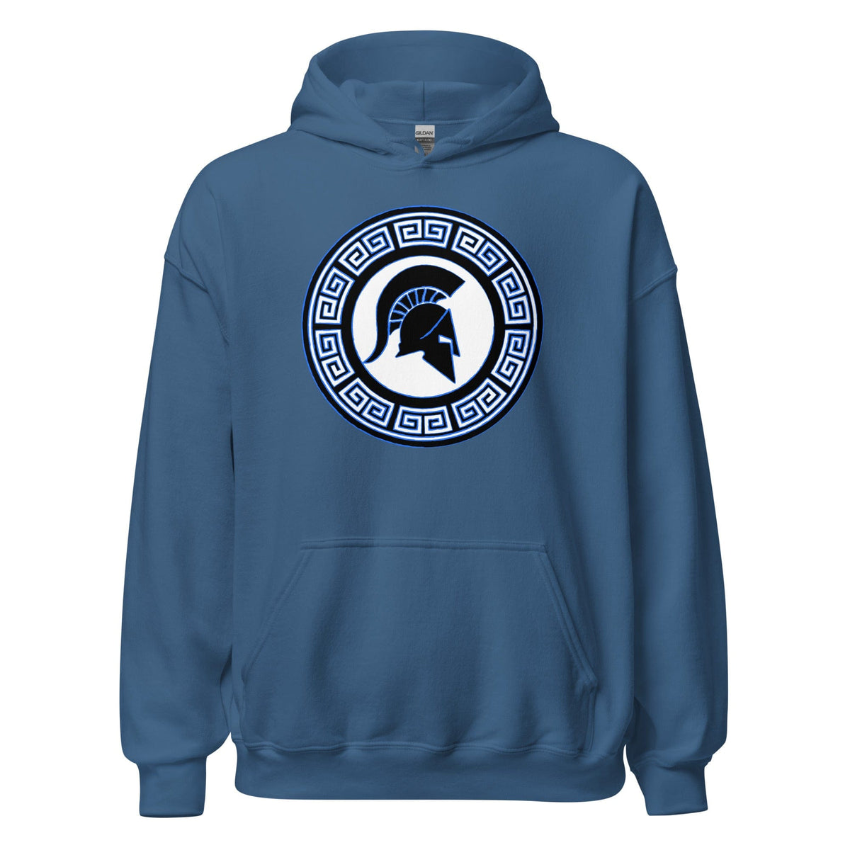 Steel blue Spartan crest hoodie with hood and front pocket, circular crest emblem graphic