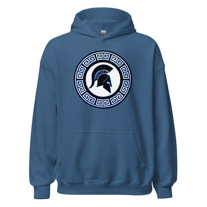 Steel blue Spartan crest hoodie with hood and front pocket, circular crest emblem graphic
