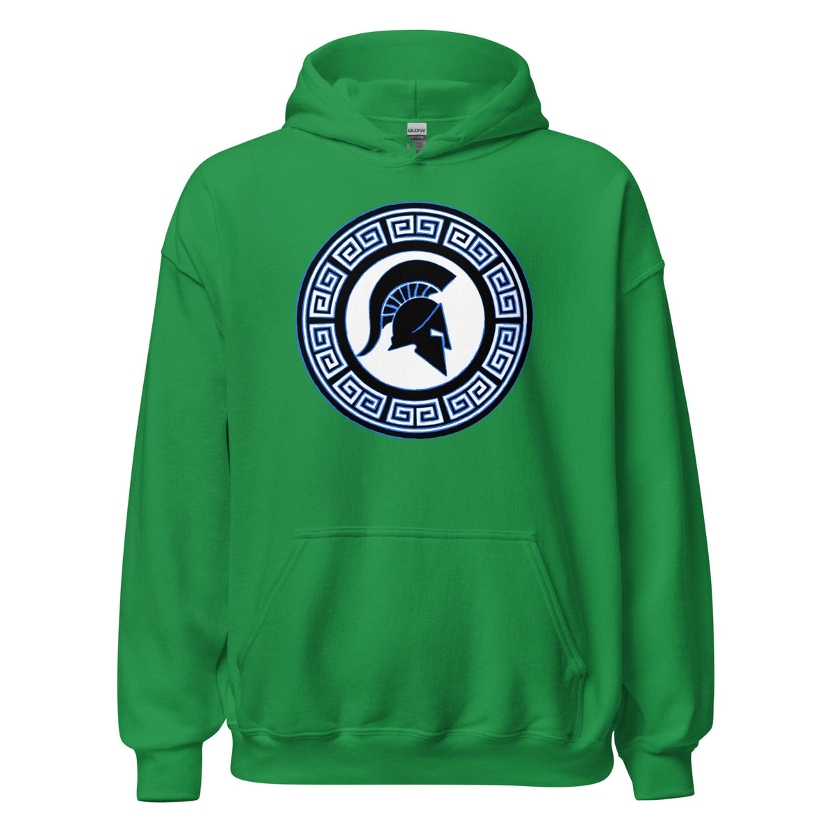 Green hoodie with front Spartan shield graphic, kangaroo pocket, and hood