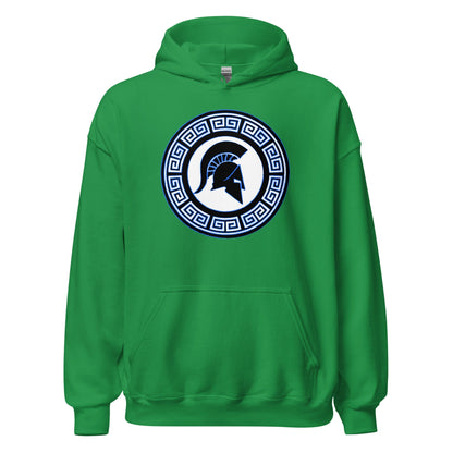 Green hoodie with front Spartan shield graphic, kangaroo pocket, and hood