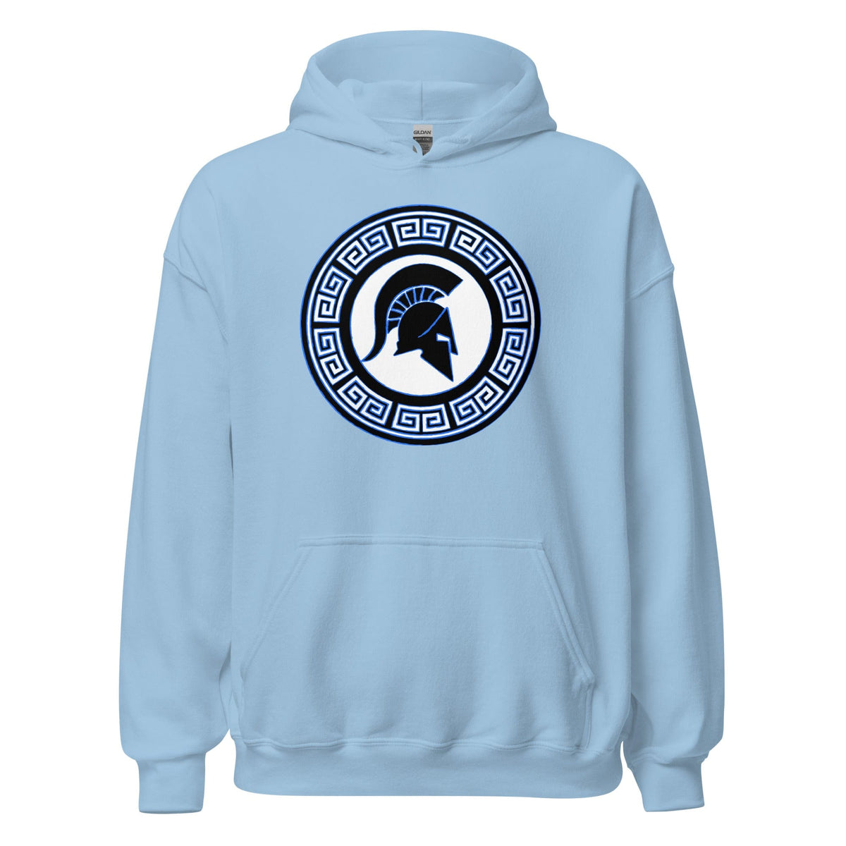 Light blue hoodie with front Spartan shield graphic, kangaroo pocket, and hood