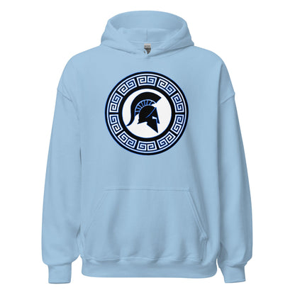Light blue hoodie with front Spartan shield graphic, kangaroo pocket, and hood
