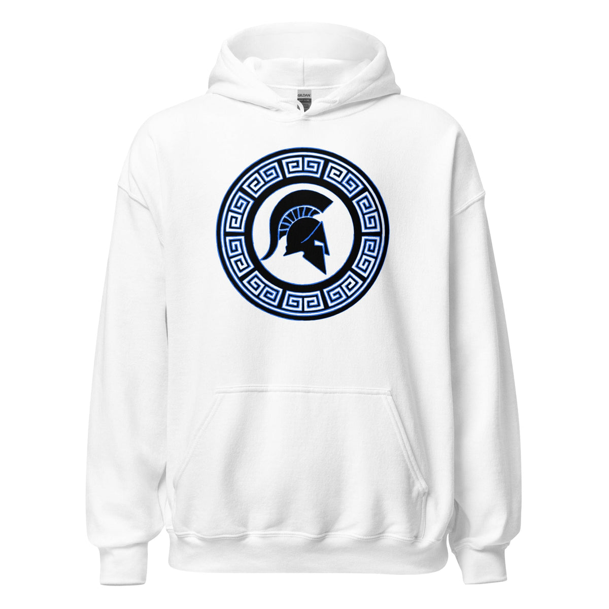 White hoodie with front Spartan shield graphic, kangaroo pocket, and hood