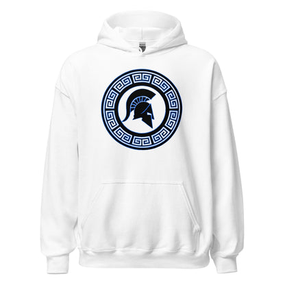 White hoodie with front Spartan shield graphic, kangaroo pocket, and hood