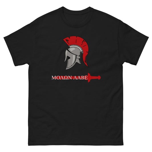 Black T-shirt with red Spartan helmet and Molon Labe graphic centered