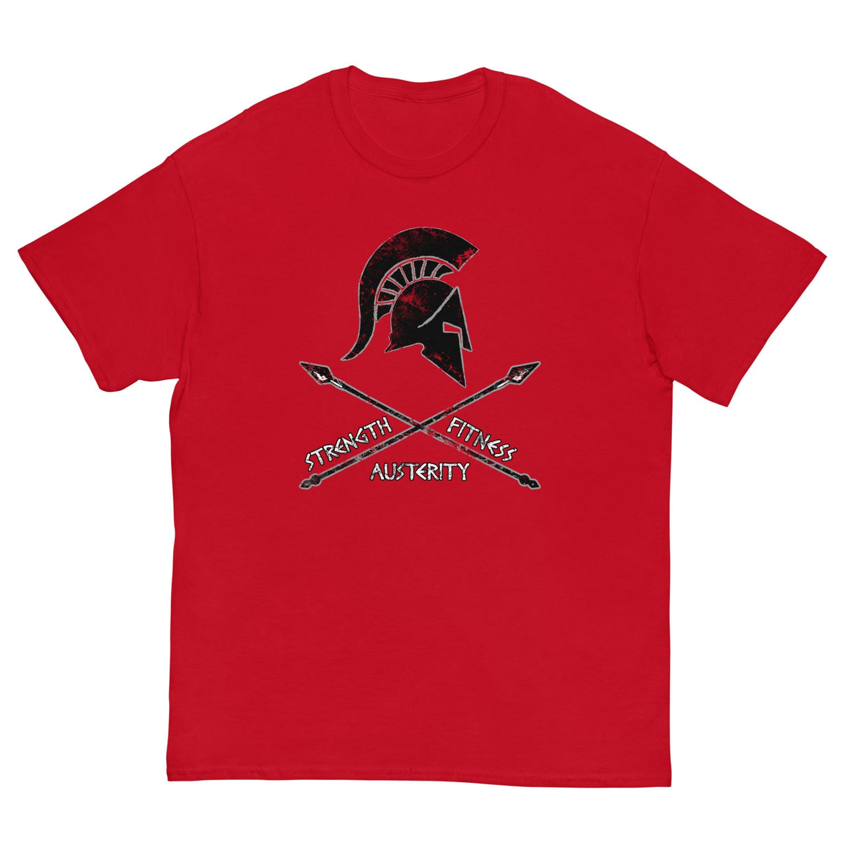 Red T-shirt with warrior helmet graphic and crossed swords on the chest