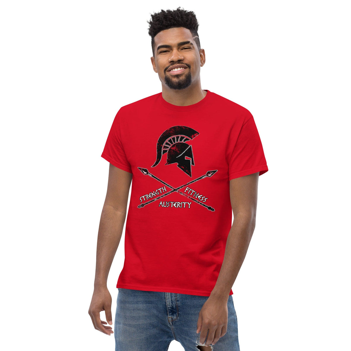 Red T-shirt with warrior helmet graphic and crossed swords on the chest
