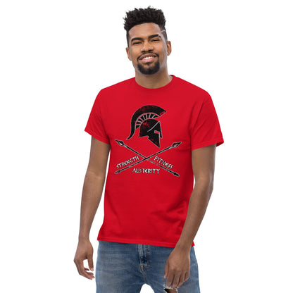Red T-shirt with warrior helmet graphic and crossed swords on the chest